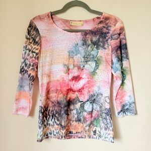 Vintage Y2K 3/4 Sleeve Top Floral Cheetah Print Sequins Graphic Fairy Size Small